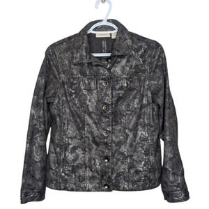 Chico's Grey & Silver Button Down Denim  Style Snake Skin Print Woman Size 1 M